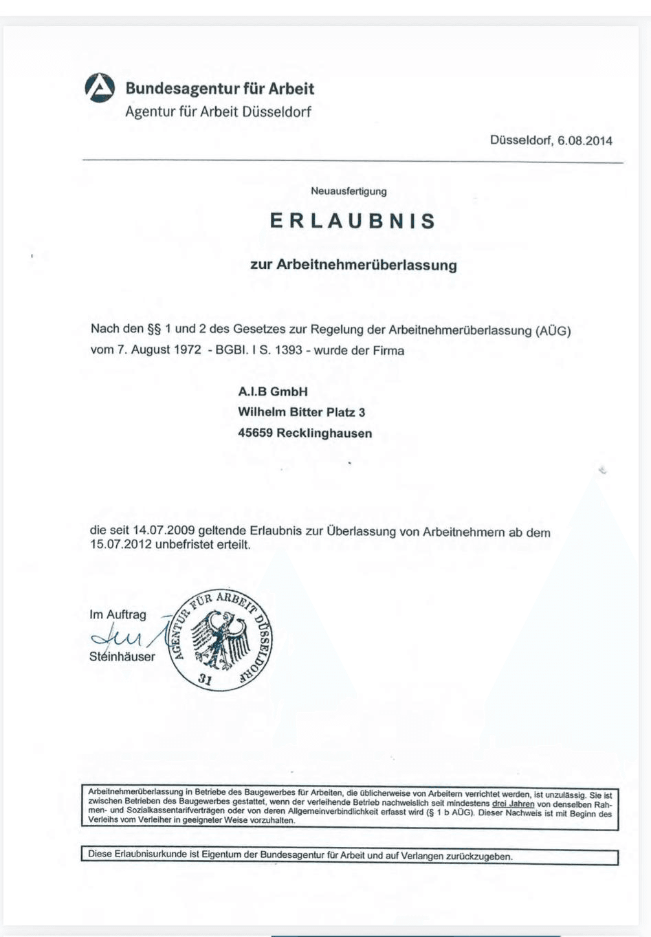 Erlaubnis zur Arbeitnehmerüberlassung